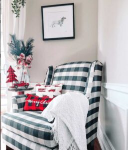 Checkered Fusion Furniture chair decorated for Christmas