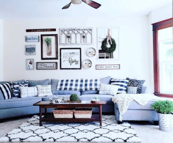 Blue Fusion Furniture sectional couch in customer living room