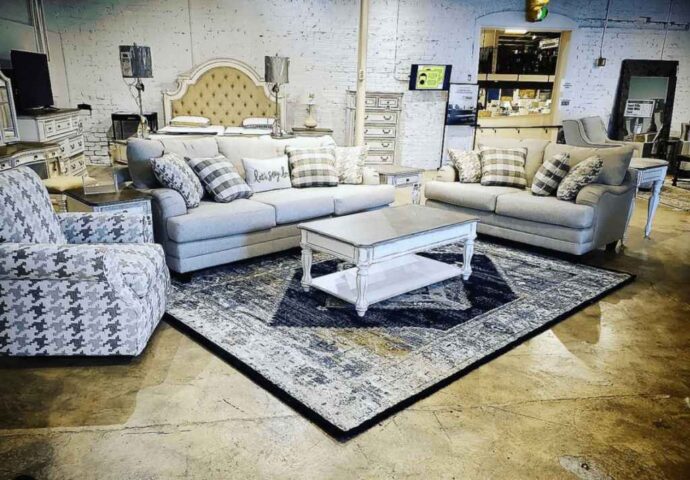 Fusion Furniture sofa, loveseat, and accent chair in retailer showroom