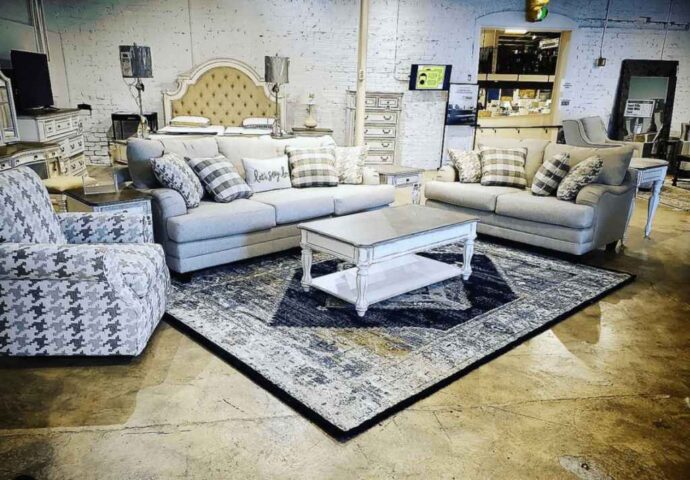 Fusion Furniture sofa, loveseat, and accent chair in retailer showroom