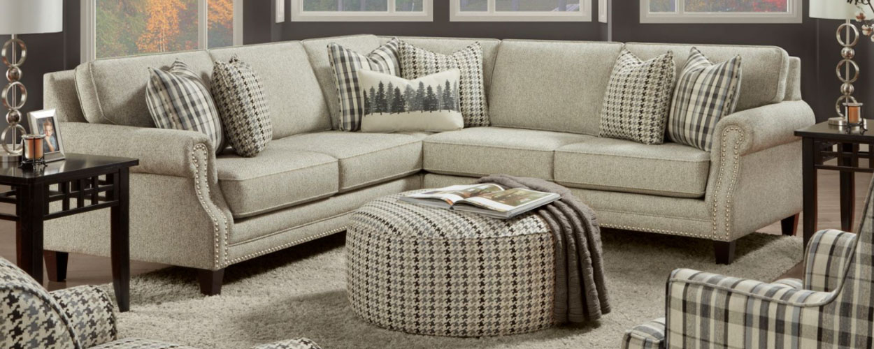 Houndstooth upholstery pattern on Fusion living room set