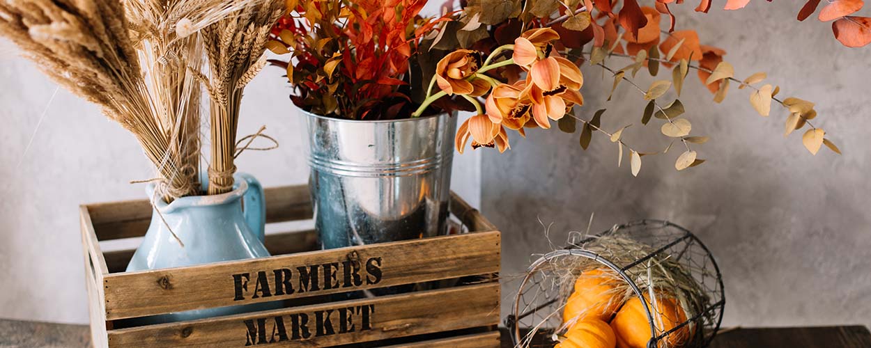  Seasonal vases with wheat and fall leaves