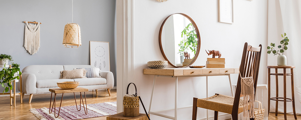 Boho living room with mirror